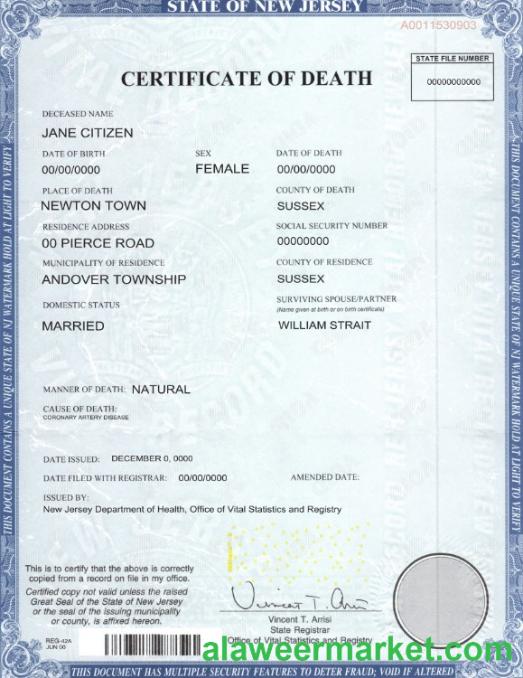 USA state New Jersey death certificate template in PSD format